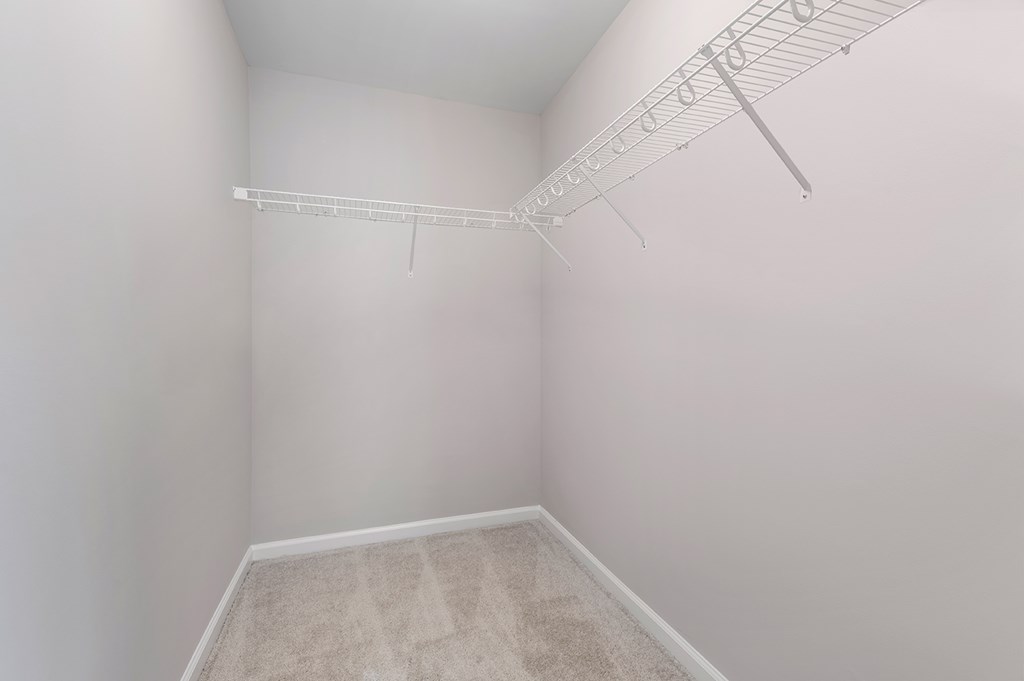 A white closet with a carpeted floor and a white shelf.