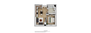 a rendering of a 1 bedroom floor plan with a bathroom and a living room