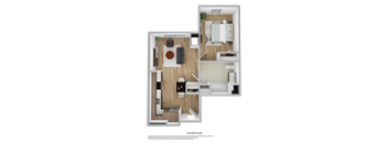 a 3d rendering of a floor plan with a bedroom and a living room