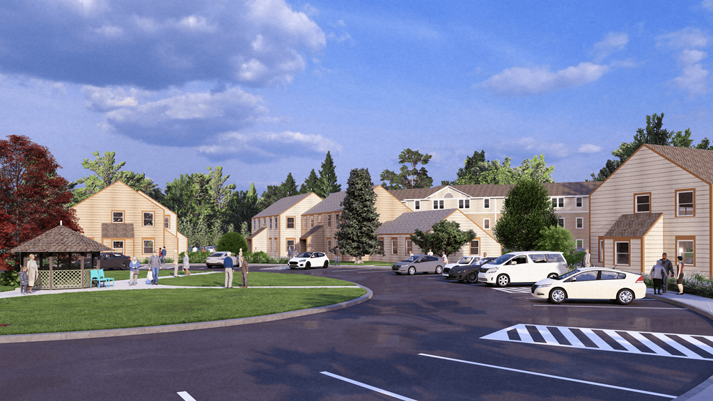 a rendering of a neighborhood with houses and cars on a street