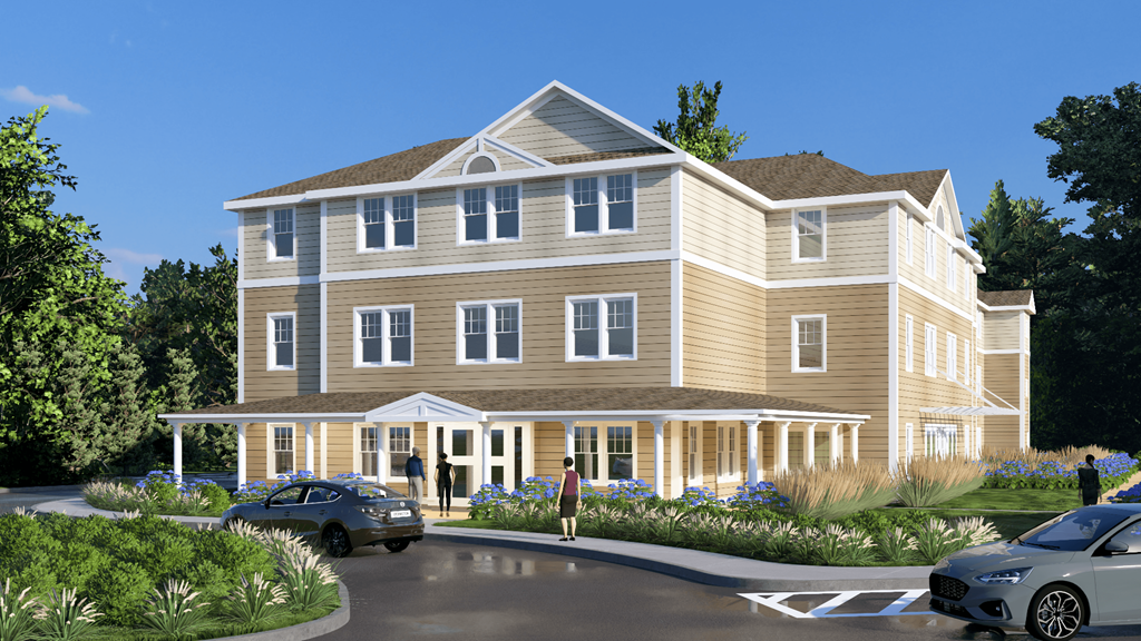 a rendering of a large house with cars parked in front of it