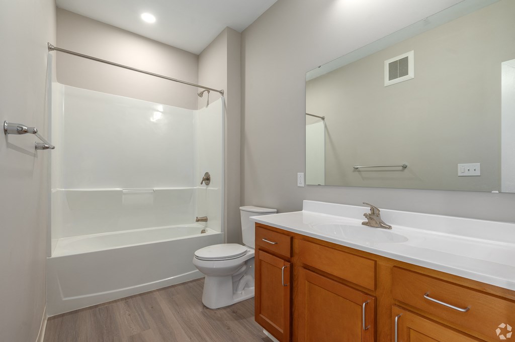 a bathroom with a shower toilet and sink and a mirror