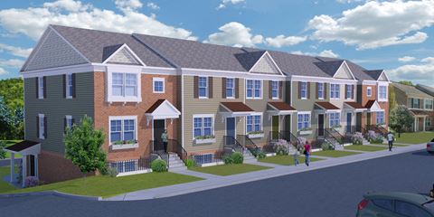a rendering of a row of town houses on a street