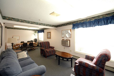 A living room with a grey couch and a red and blue chair.