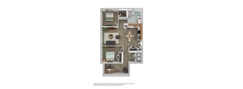 A floor plan of a two-bedroom apartment with a living room, kitchen, and bathroom.