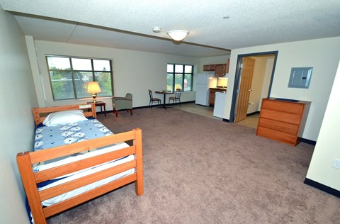 A bedroom with a bed, desk, and chair.