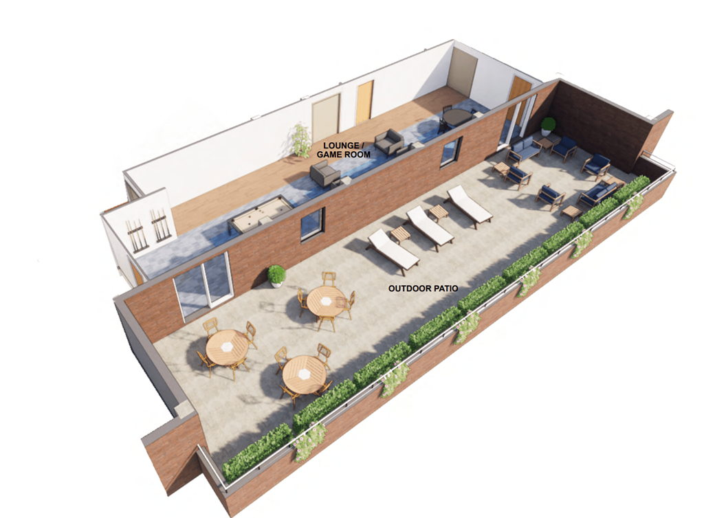 a floor plan of a home with a patio and outdoor furniture