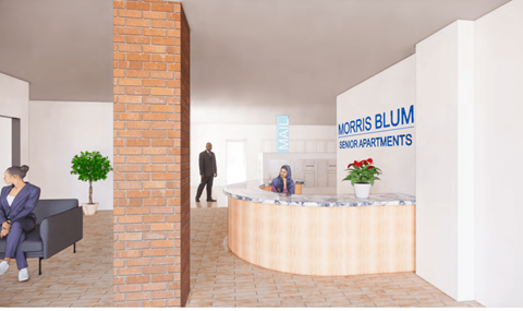 a rendering of a lobby with a reception desk and a brick wall