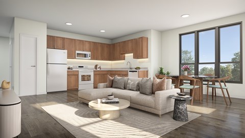 A modern kitchen with a dining table and chairs.