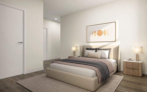 A bedroom with a large bed and a painting above it.