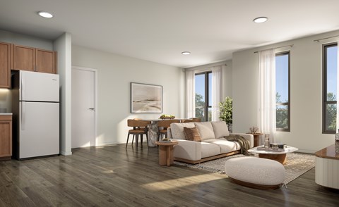 A modern living room with a dining table and a couch.