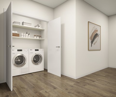 A laundry room with a washer and dryer, a shelf with toiletries, and a painting on the wall.