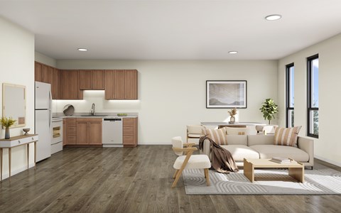 A modern kitchen with wooden floors and furniture.