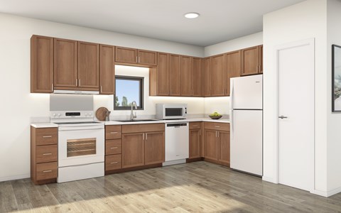 A kitchen with brown cabinets and white appliances.