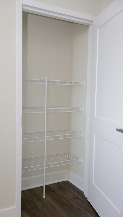 Empty white shelves in a white pantry.