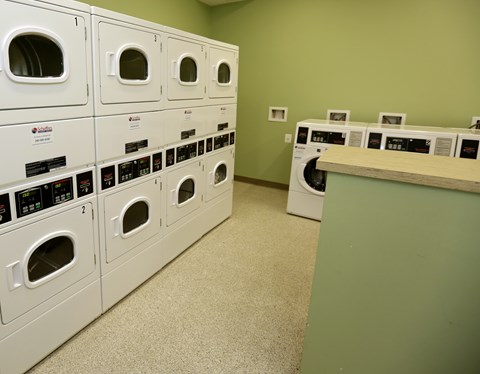 A row of white washing machines in a laundromat.