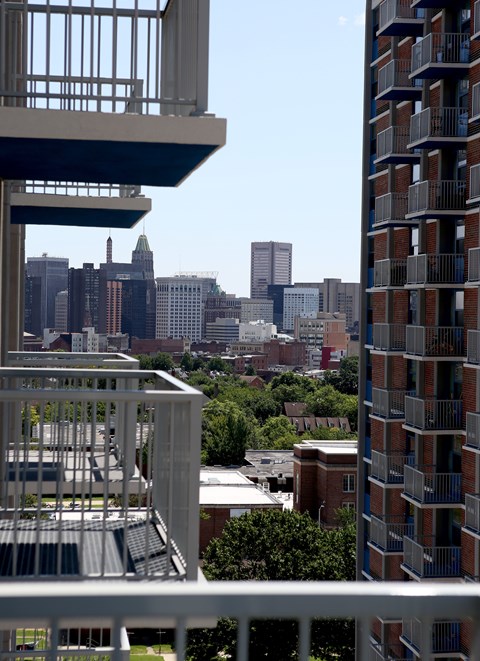 A view of a city from a high rise building.