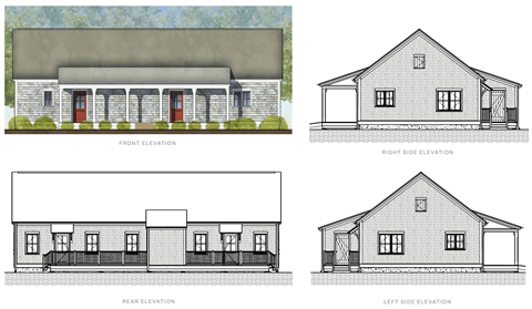Four different elevation drawings of a house are shown.