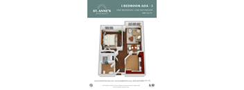 A floor plan of a one bedroom apartment in St. Anne's apartments.
