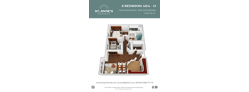 A floor plan of a 2 bedroom apartment with one bathroom.
