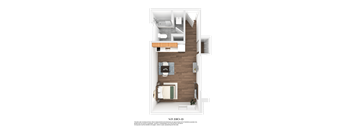 A floor plan of a studio apartment with a kitchen, living room, and bedroom.