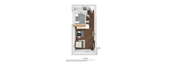 A floor plan of a studio apartment with furniture and appliances.