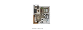 A floor plan of a small apartment with a kitchen, living room, and bathroom.