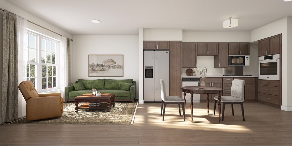 a rendering of a living room with a kitchen and a dining table