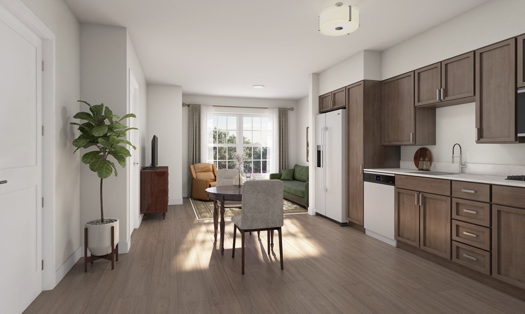 a rendering of a kitchen and living room with a table and chairs