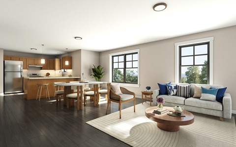 A modern kitchen with a dining table and chairs.