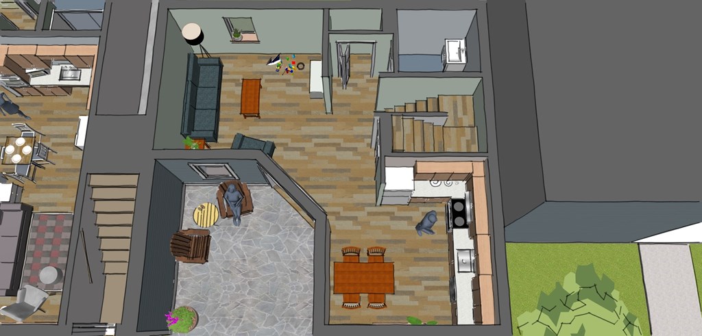 A 3D rendered image of a house interior.