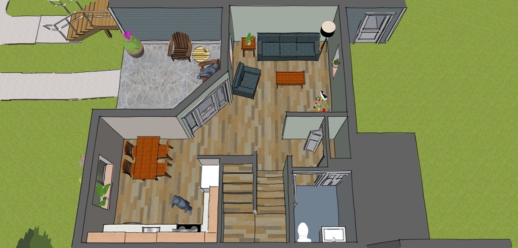 A drawing of a house with a deck and a hot tub.