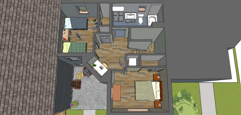 A floor plan of a house with a kitchen, living room, and two bedrooms.