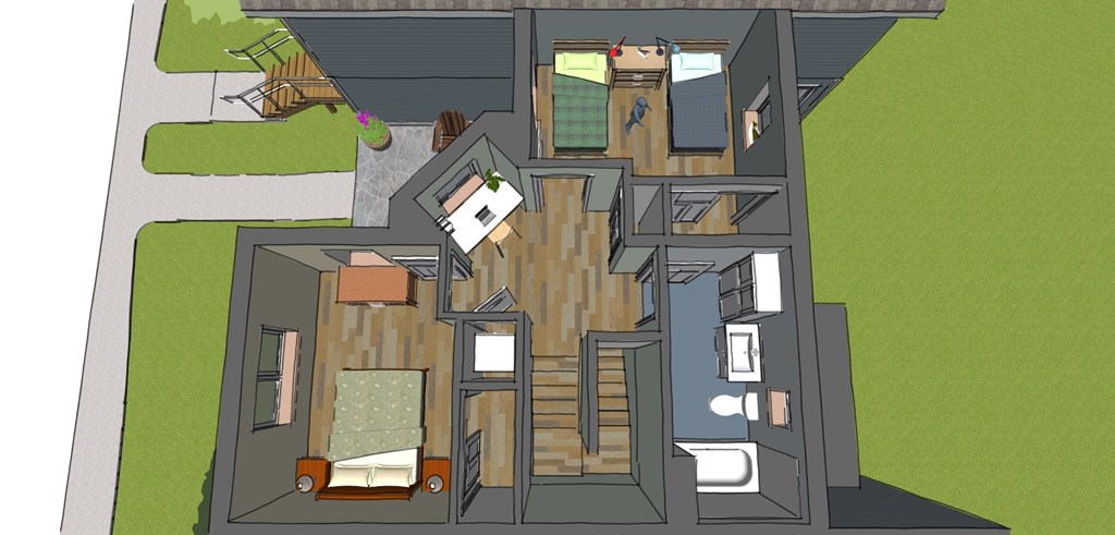 A 3D rendered image of a house layout.