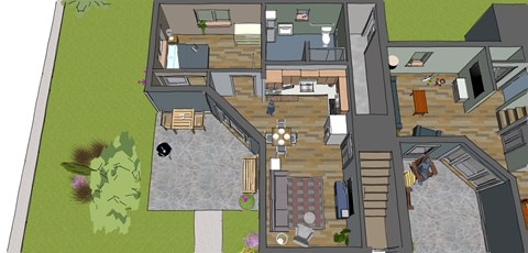 A 3D rendered image of a house with a garden.