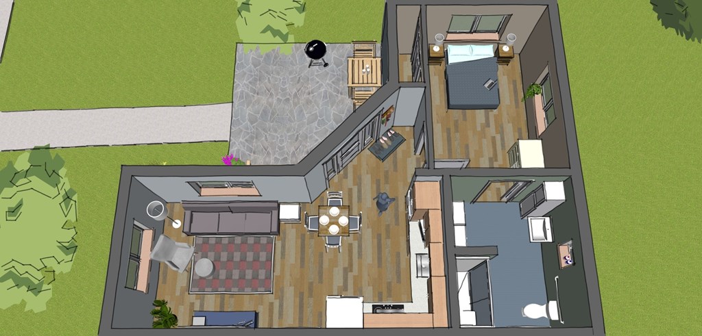 A 3D rendered image of a house with a kitchen, living room, and dining area.