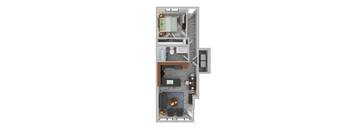 a stylized floor plan with a bedroom and living room