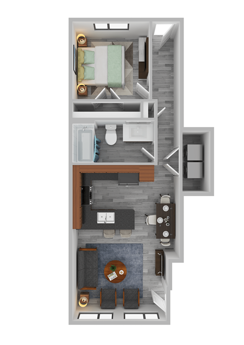 a stylized floor plan with a bedroom and living room