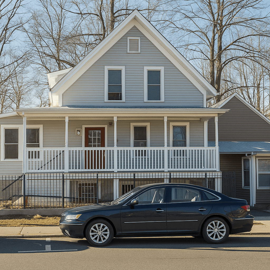 A black car is parked in front of a grey house.