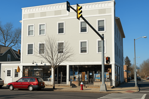 A red car is parked in front of a white building.
