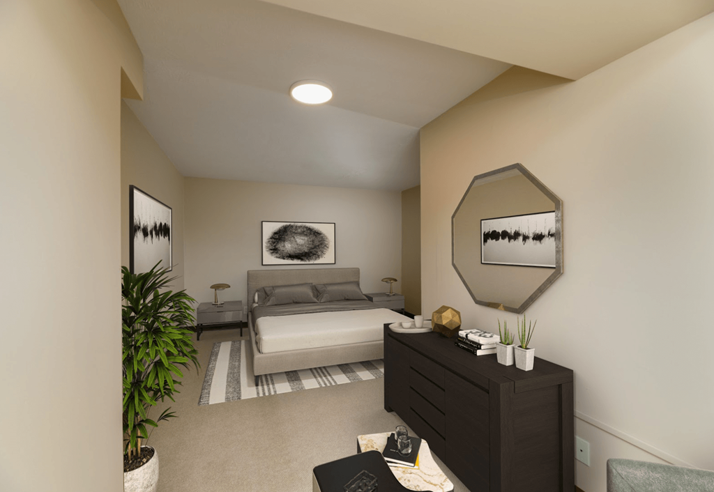 A bedroom with a bed, dresser, and mirror.