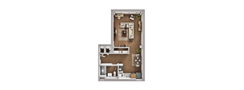 A top-down view of a small apartment with a kitchen, living room, and bathroom.