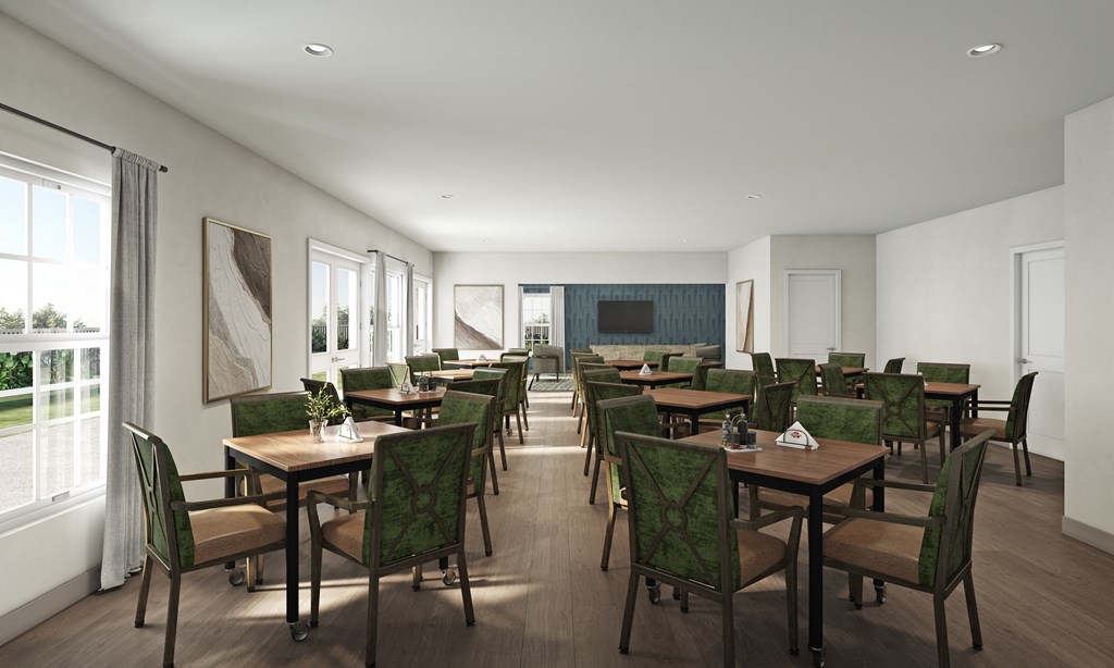 a large dining room with tables and chairs