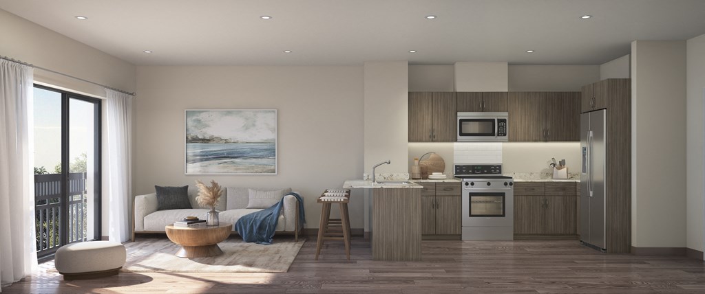 a rendering of a living room and kitchen in an apartment