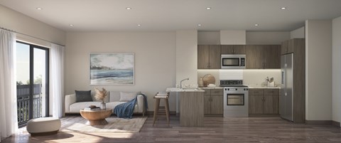 a rendering of a living room and kitchen in an apartment