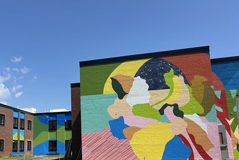 A large mural of a face on a building.