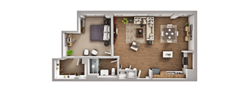 A top-down view of a house layout with a living room, kitchen, and bedrooms.