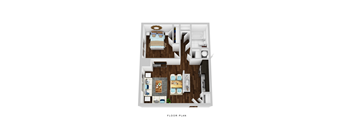A floor plan of a small apartment with a bedroom, living room, and kitchen.