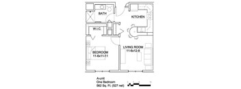 A drawing of a floor plan for an apartment with one bedroom.