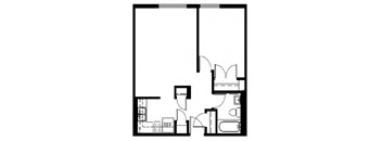 A black and white image of a floor plan with a kitchen, living room, and bathroom.